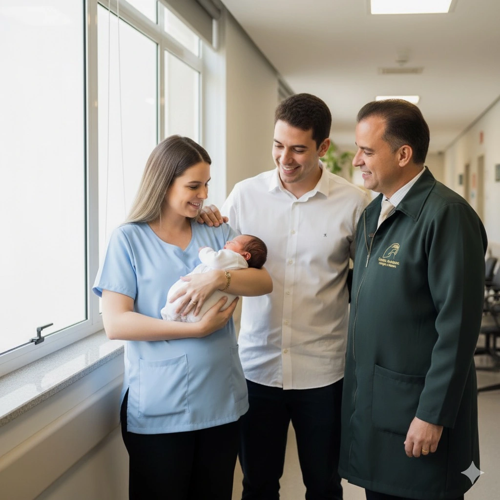 Mãe e pai admirando o recém-nascido no colo da mãe (golden hour)